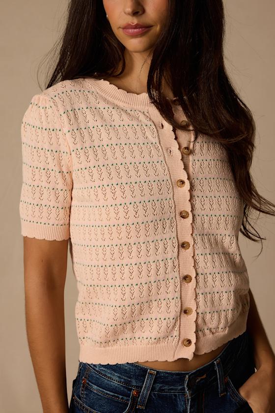 Reni Peach Pointelle Knit Short Sleeve Cardigan