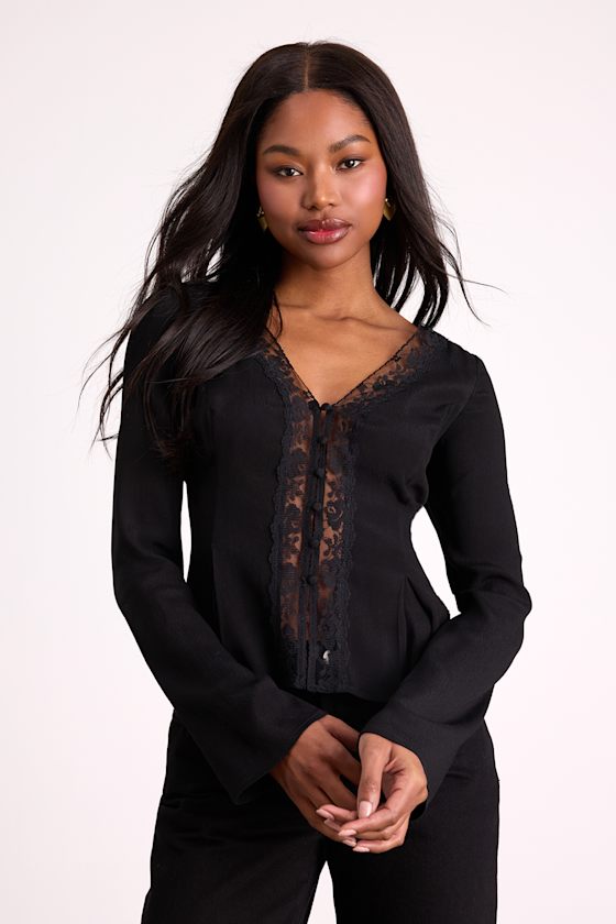 Pomona Black Lace Button-Front Long Sleeve Top