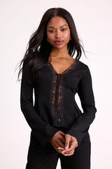 Pomona Black Lace Button-Front Long Sleeve Top
