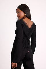 Pomona Black Lace Button-Front Long Sleeve Top