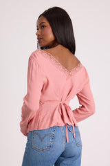 Pomona Pink Lace Button-Front Long Sleeve Top
