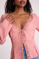 Pomona Pink Lace Button-Front Long Sleeve Top