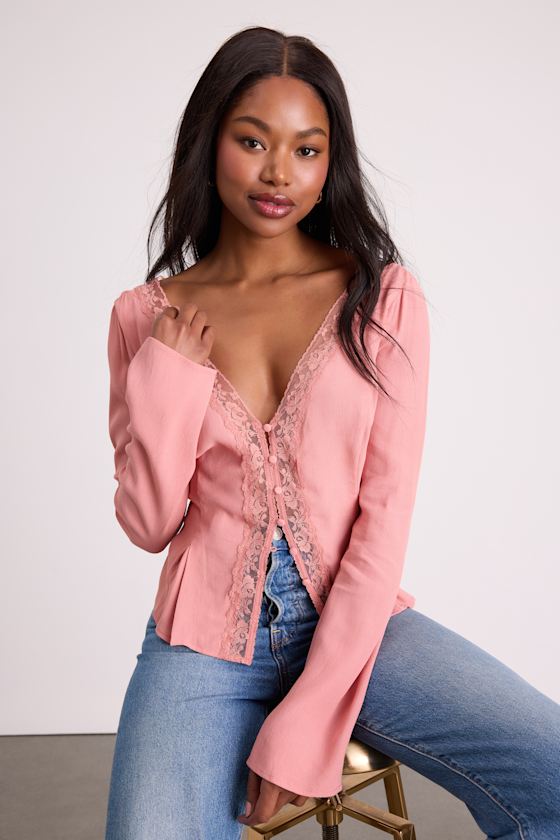 Pomona Pink Lace Button-Front Long Sleeve Top