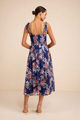 Jodia Navy Multi Floral Pleated Tie-Strap Midi Dress