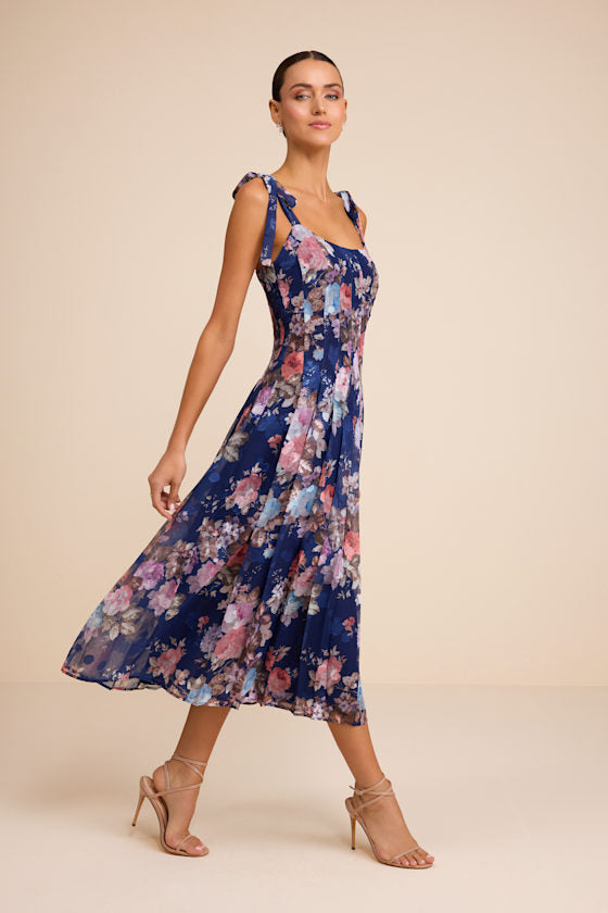 Jodia Navy Multi Floral Pleated Tie-Strap Midi Dress