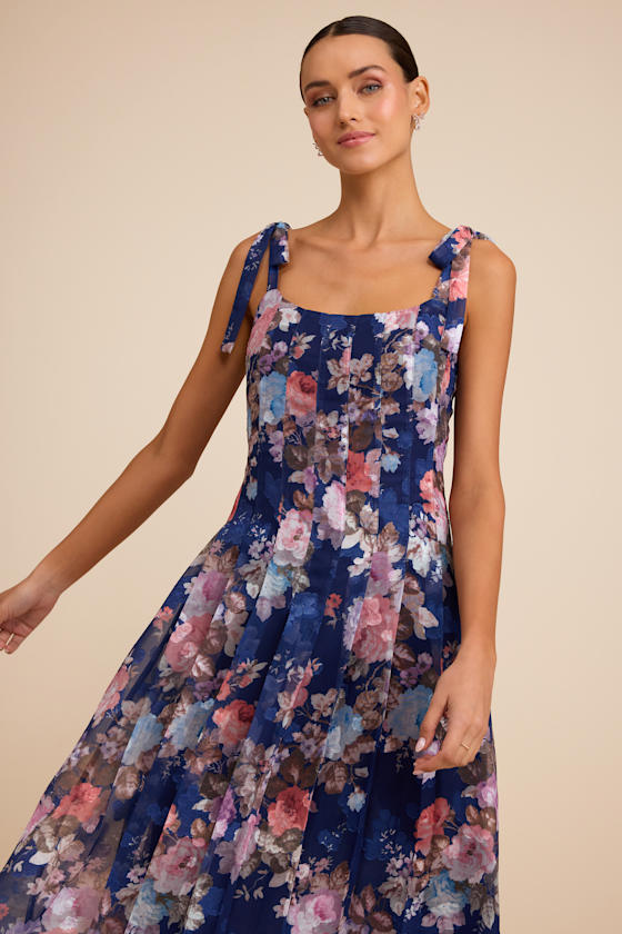 Jodia Navy Multi Floral Pleated Tie-Strap Midi Dress