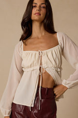 Lemmie Ivory Chiffon Tie-Front Long Sleeve Top