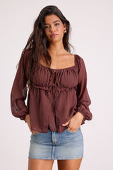 Lemmie Brown Chiffon Tie-Front Long Sleeve Top