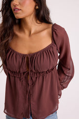 Lemmie Brown Chiffon Tie-Front Long Sleeve Top