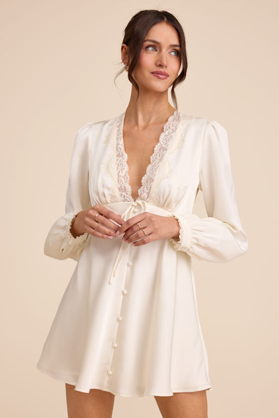 Goldia Ivory Satin Long Sleeve Babydoll Mini Dress