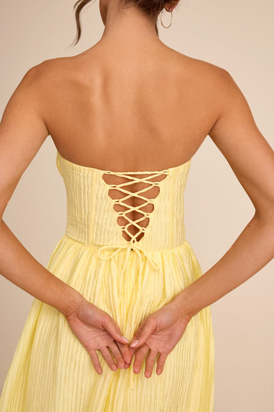 Aspen Pale Yellow Plisse Strapless Bustier Midi Dress