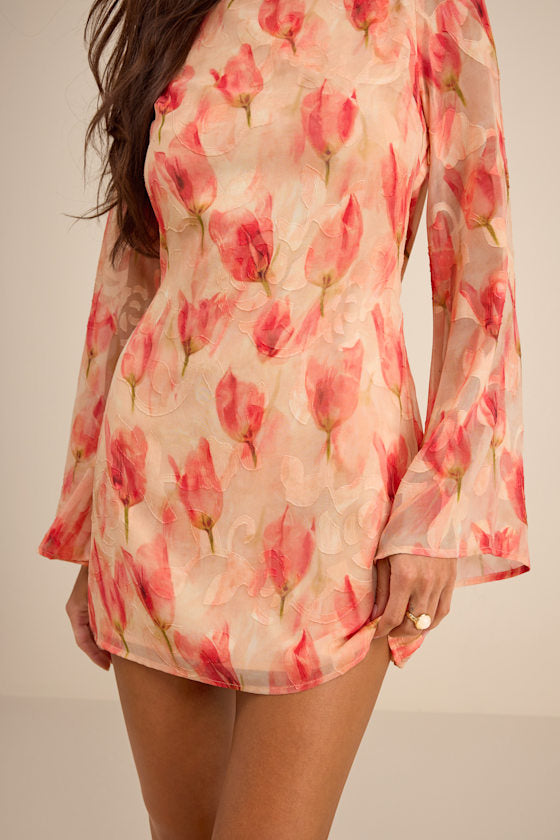 Jaleen Peach Floral Jacquard Bell Sleeve Mini Dress