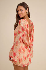 Jaleen Peach Floral Jacquard Bell Sleeve Mini Dress