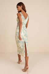 Mariposa Sage Floral Satin Lace Slip Midi Dress