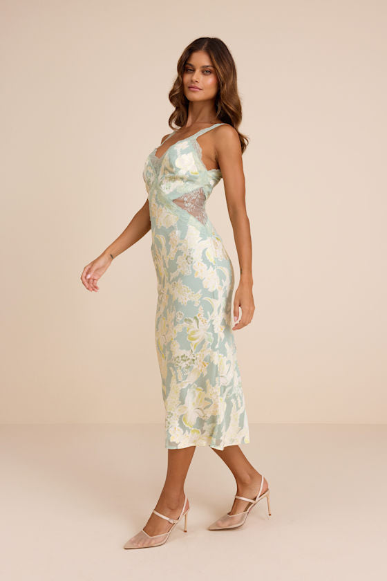 Mariposa Sage Floral Satin Lace Slip Midi Dress