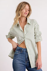 Logan Ivory and Green Striped Cutout Button-Up Long Sleeve Top