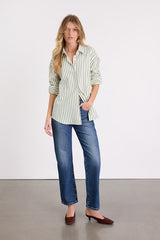 Logan Ivory and Green Striped Cutout Button-Up Long Sleeve Top