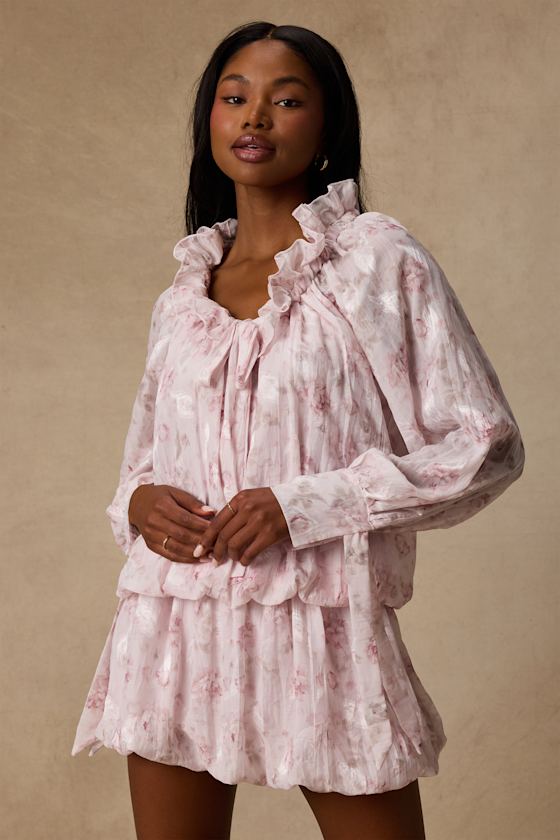 Marcia Blush Pink Floral Ruffled Drop Waist Mini Dress