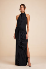 Mystras Black Slinky Knit Backless Halter Maxi Dress