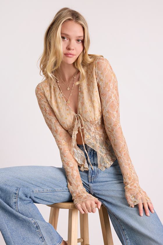 Netta Beige Floral Lace Tie-Front Long Sleeve Top