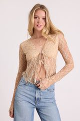 Netta Beige Floral Lace Tie-Front Long Sleeve Top