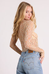 Netta Beige Floral Lace Tie-Front Long Sleeve Top
