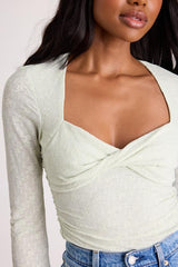 Emada Light Mint Textured Twist-Front Long Sleeve Top