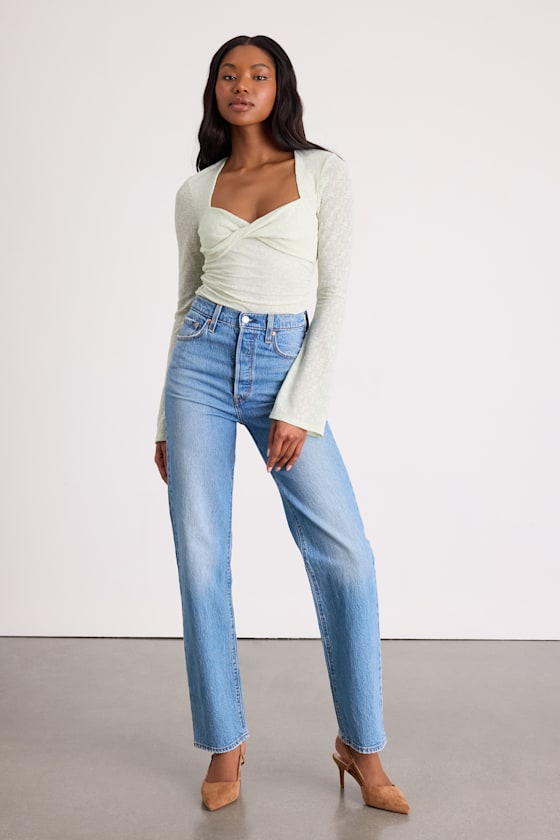 Emada Light Mint Textured Twist-Front Long Sleeve Top