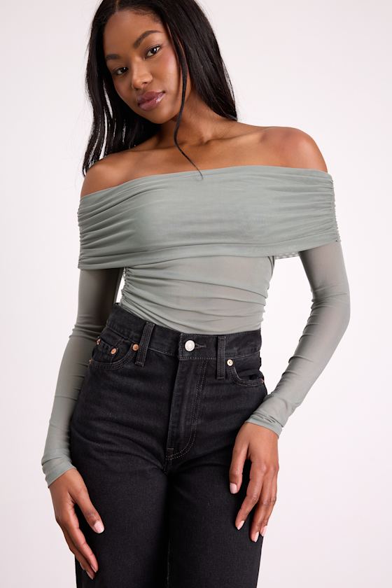 Good Times Sage Mesh Off-the-Shoulder Long Sleeve Top