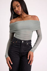 Good Times Sage Mesh Off-the-Shoulder Long Sleeve Top