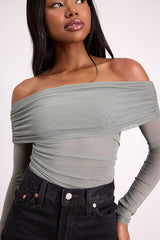 Good Times Sage Mesh Off-the-Shoulder Long Sleeve Top