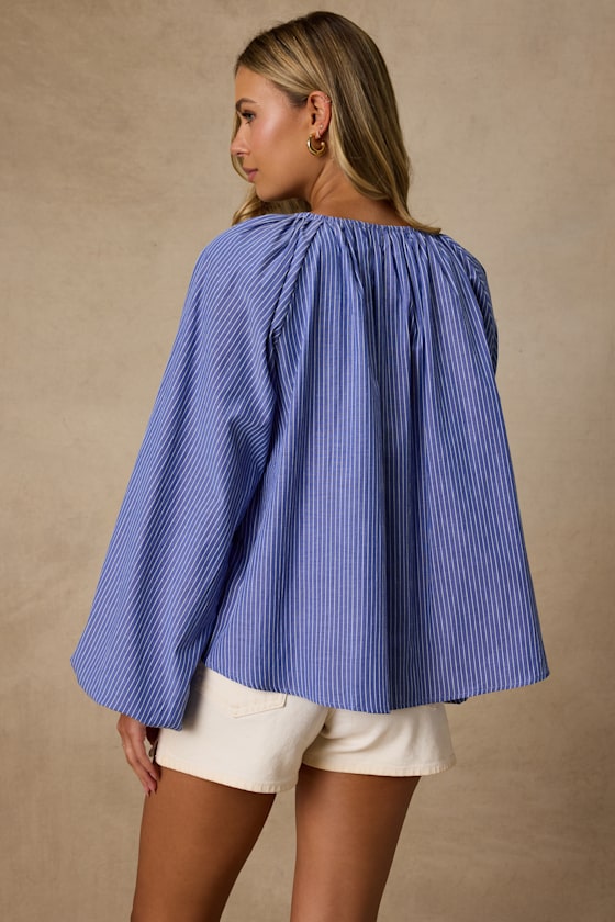 Ricki Blue Striped Cotton Billowy Sleeve Oversized Top