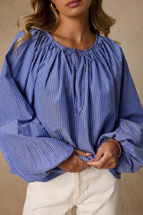 Ricki Blue Striped Cotton Billowy Sleeve Oversized Top