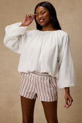 Ambrea White Multi Striped Linen High-Rise Shorts