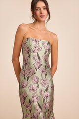 Gowning Around Sage Floral Jacquard Strapless Maxi Dress