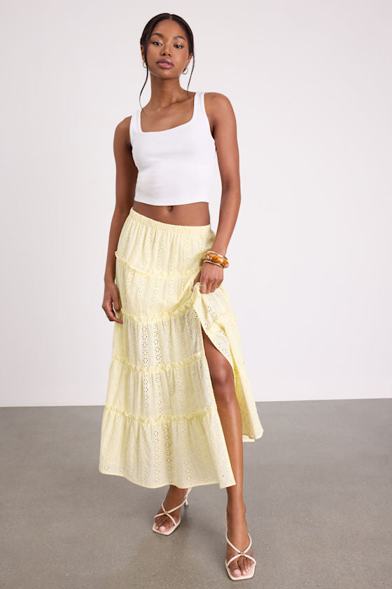 Cherish Light Yellow Eyelet Embroidered Tiered Maxi Skirt
