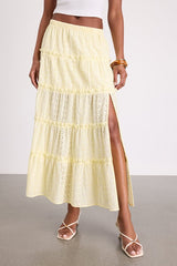 Cherish Light Yellow Eyelet Embroidered Tiered Maxi Skirt