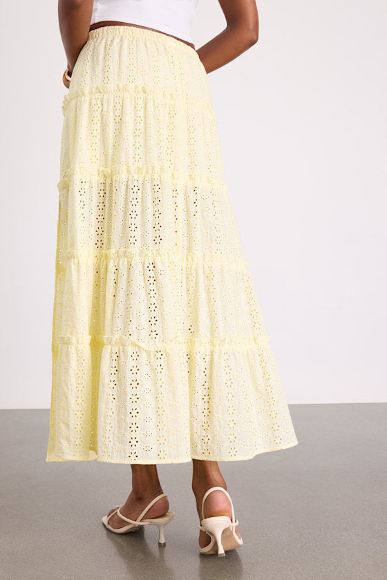 Cherish Light Yellow Eyelet Embroidered Tiered Maxi Skirt