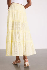 Cherish Light Yellow Eyelet Embroidered Tiered Maxi Skirt