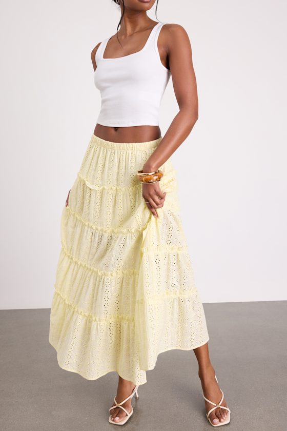 Cherish Light Yellow Eyelet Embroidered Tiered Maxi Skirt