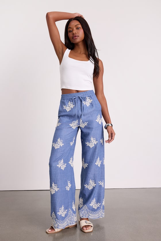 Havana Blue Embroidered Drawstring Wide-Leg Pants
