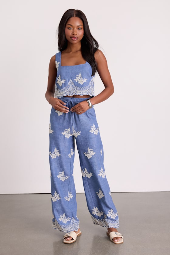 Havana Blue Embroidered Cropped Tank Top