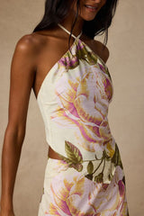 Dawson Light Yellow Floral Satin Tie-Back Tank Top