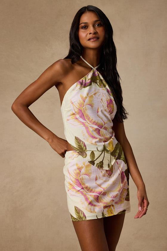 Dawson Light Yellow Floral Satin Mini Skirt
