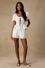 Delora White Eyelet Embroidered Tie-Front Top