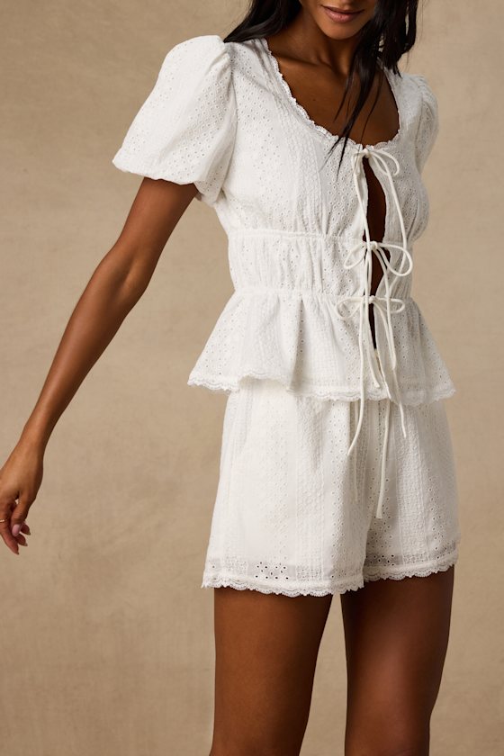 Delora White Eyelet Embroidered Tie-Front Top