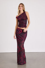 Camella Dark Plum Floral Mesh Maxi Skirt