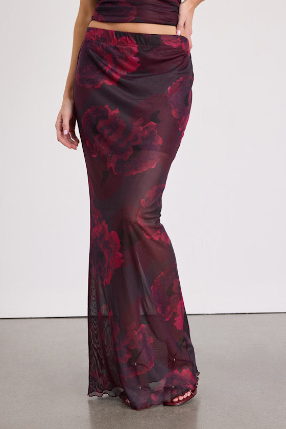 Camella Dark Plum Floral Mesh Maxi Skirt