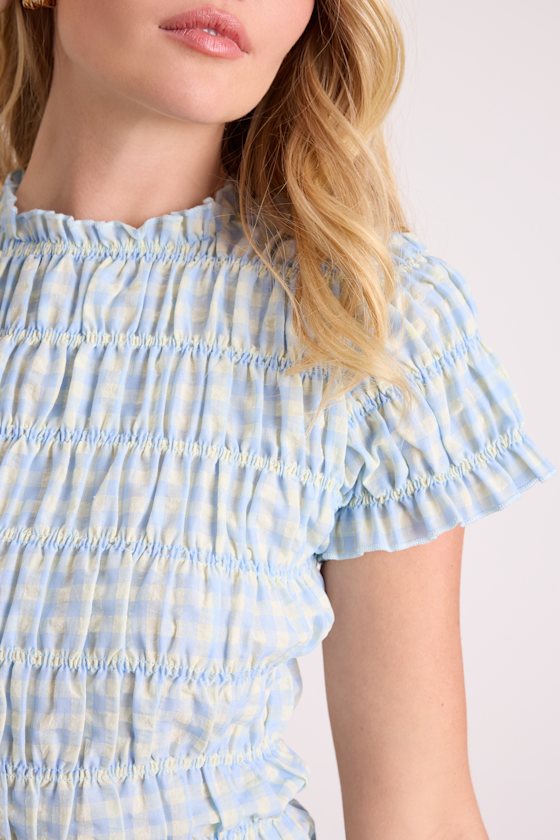 Celera Light Blue Gingham Smocked Top