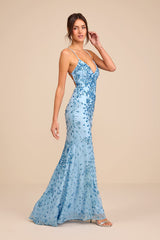 Photo Finish Light Blue Sequin Lace-Up Maxi Dress